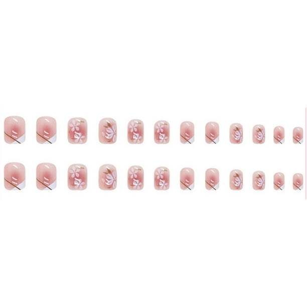 Long Full Nails Camellia Pattern Press On Nails Pink Short False Nail ...