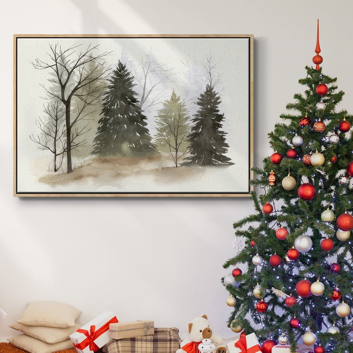 In the Mist II - Framed Gallery Wrapped Holiday Canvas - 25 x 37 - Natural Wood Frame