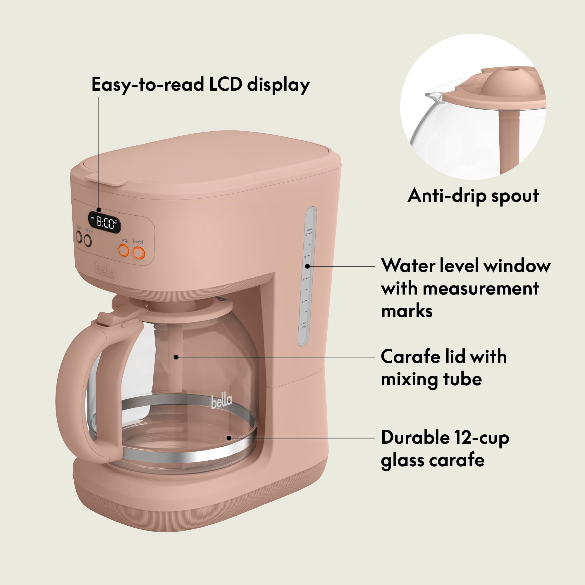 bella 12 Cup Programmable Drip Coffee Maker with Glass Carafe, Auto Shut-Off, Blossom