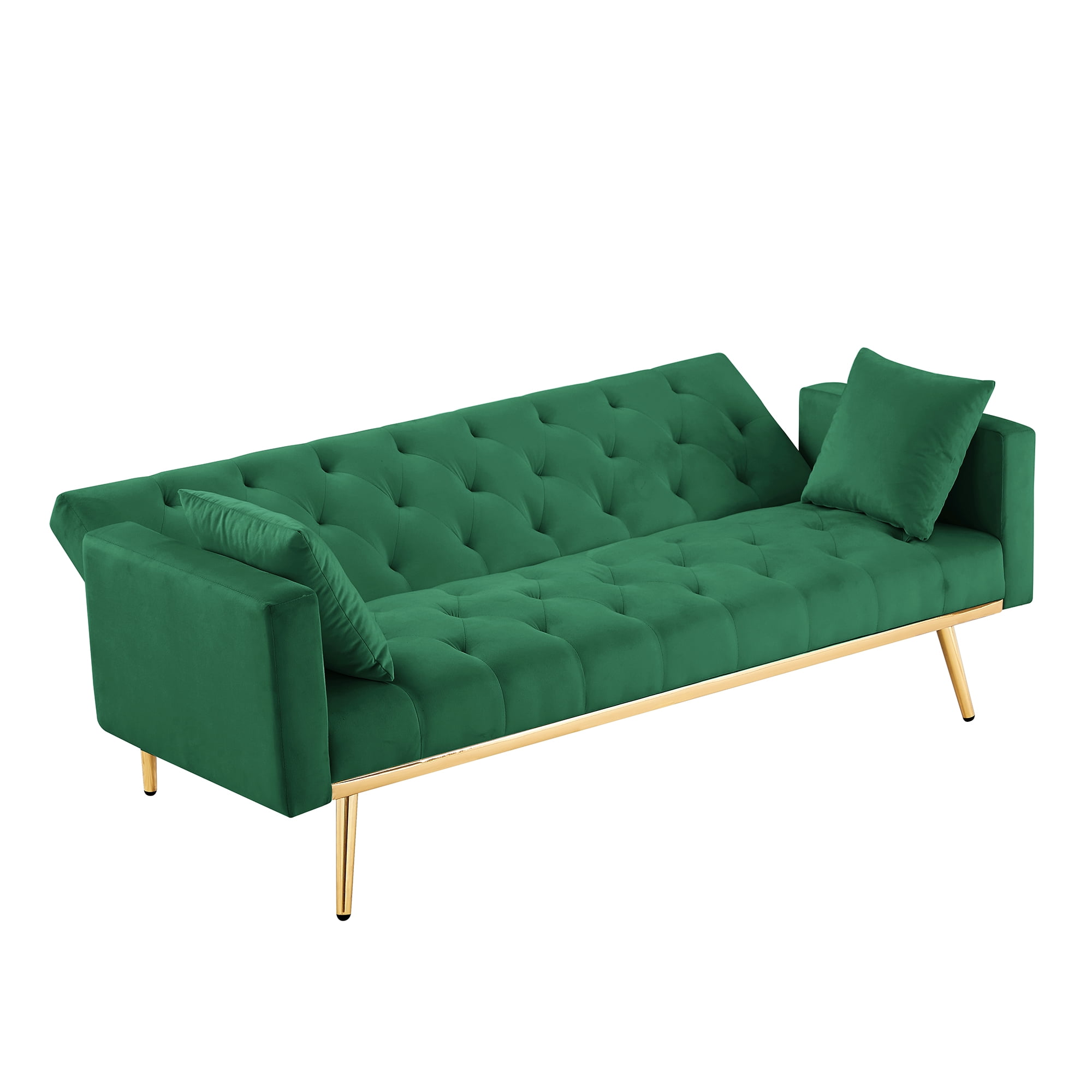 Kadyn Velvet Upholstered Sofa, Modern Convertible Folding Futon Sofa Bed for Apartment, Living Room Sofa with 2 Throw Pillows, Green