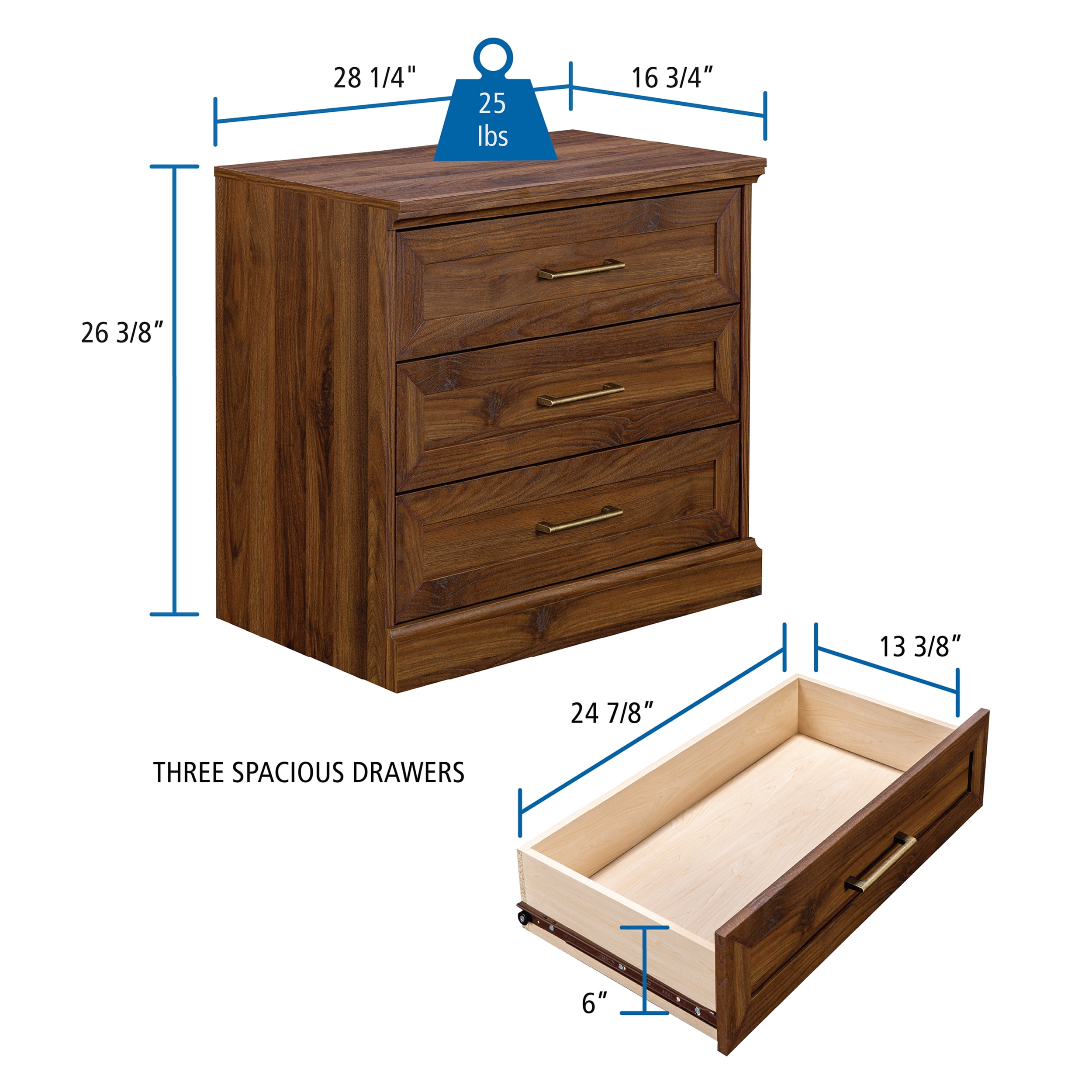 Mainstays Traditional Refined 3-Drawer Nightstand, Canyon Walnut Finish