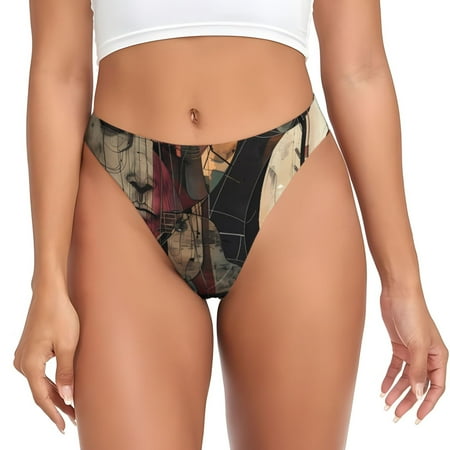 Qokaie Abstract Geometric Faces Printed Women s Cotton Thong Underwear  Sexy Breathable Panties G-string-X-Small