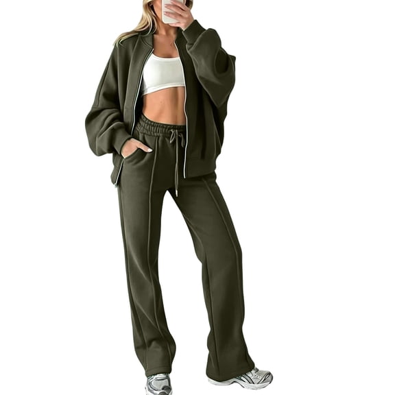 TEAJOPSUU Womens Solid 2 Piece Workout Sets Long Sleeve Full Zip Sweatshirts Elastic Waist Wide Leg Pockets Pants Sets Athletic Sets Olive Green