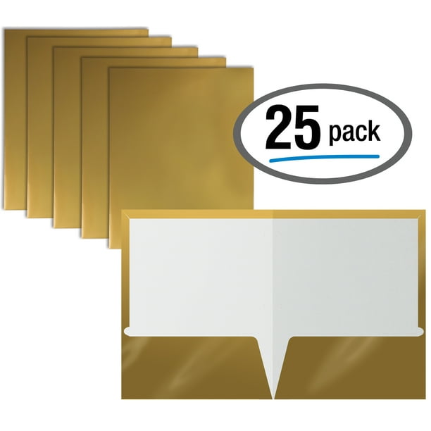 2 Pocket Glossy Laminated METALLIC GOLD Paper Folders, Letter Size