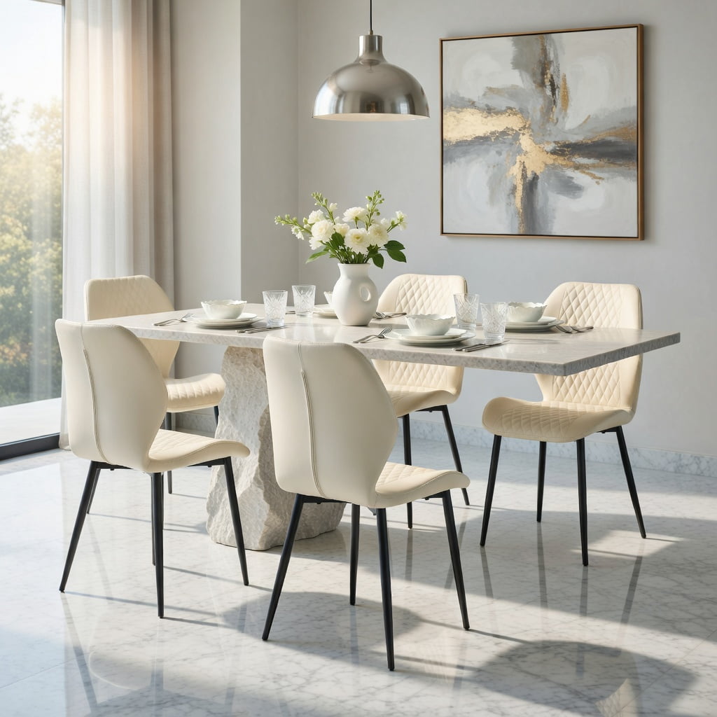 Hommoo Set of 4 Light Luxury Diamond-Quilted PU Dining Chairs with Black Metal Legs, Modern Ergonomic Upholstered Chairs for Dining Room, Cafe & Small Spaces, Off White