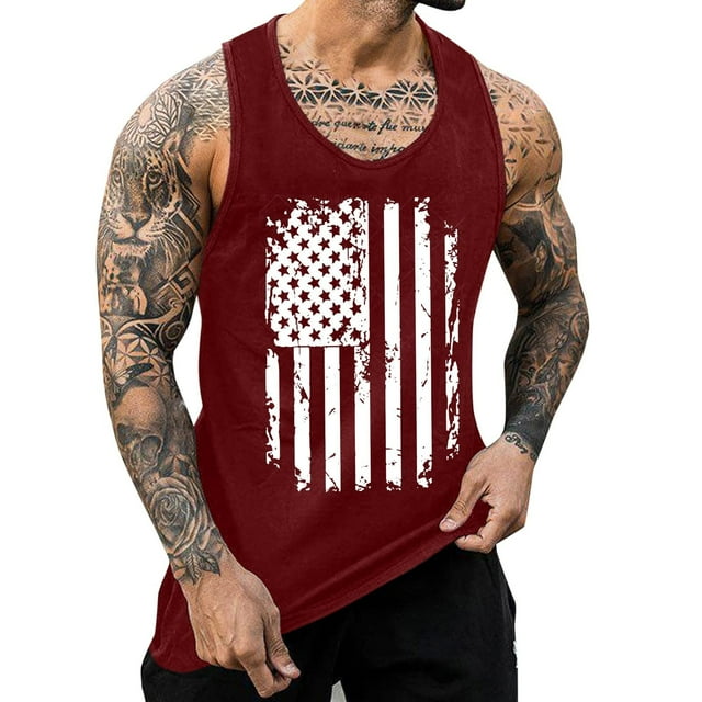 Hombres Moda Casual Día de la Independencia Impresión Suéter Cuello Redondo Deportes sin Mangas Tanque