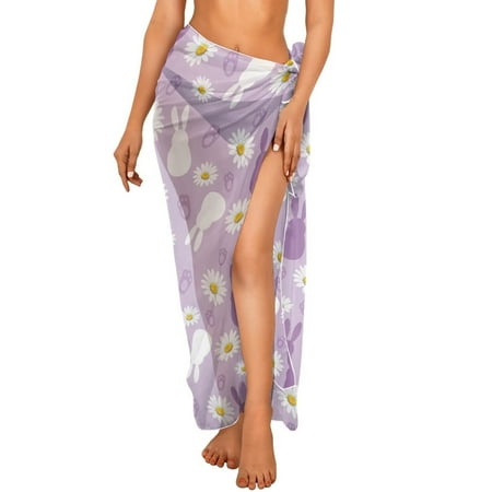 FKELYI Purple Easter Daisy Bunny Print Women s Sarong Wraps Long Beach Swimsuit Cover Up Breathable Swimwear Pareo for Summer Soft Bikini Skirt Coverup for Bathing Suit