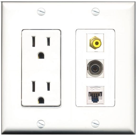 RiteAV - 15 Amp Power Outlet 1 Port RCA Yellow 1 Port 3.5mm 1 Port Cat5e Ethernet White Decorative Wall Plate
