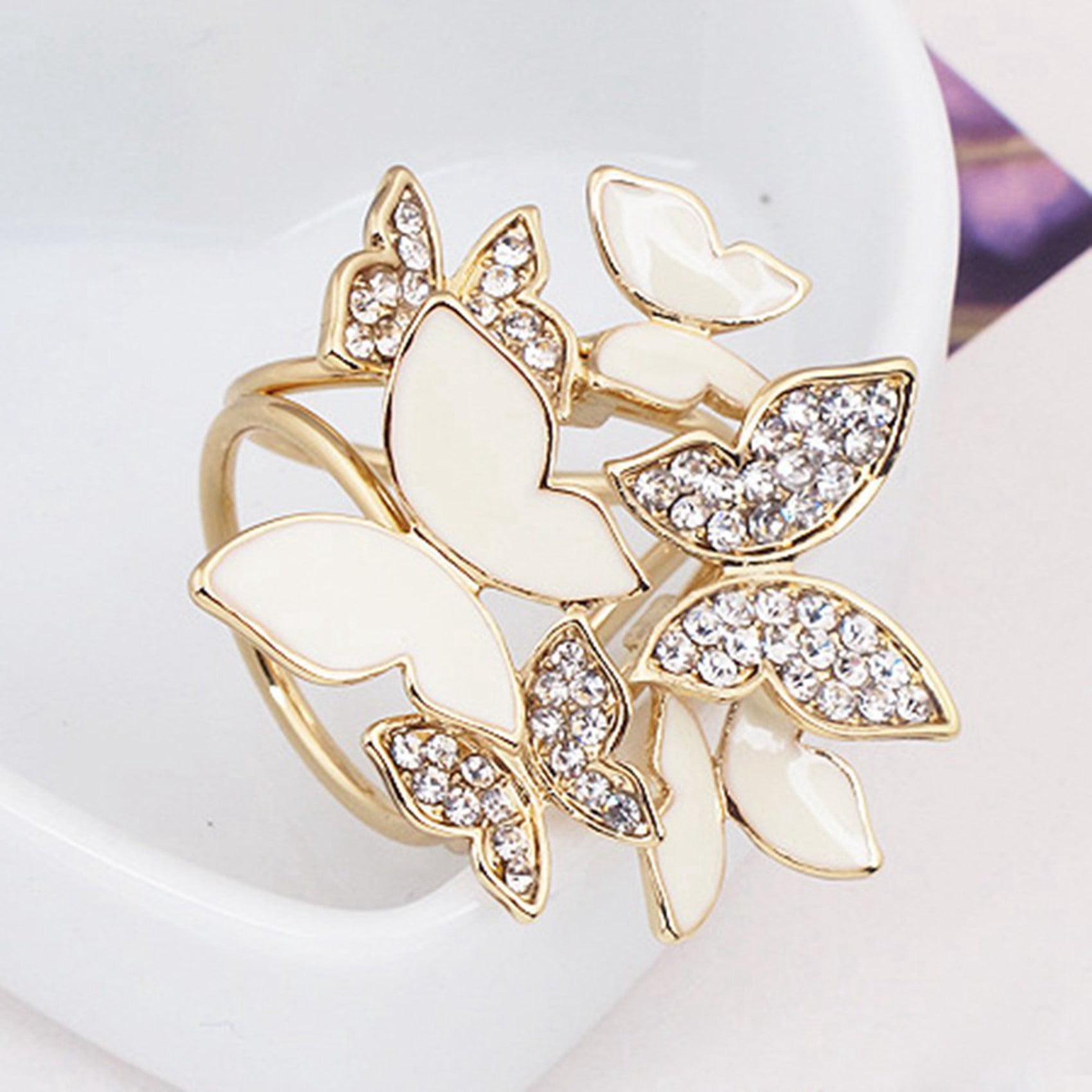 Elegant 3 Rings Butterfly Scarf Ring Silk Scarf Buckle Clip with Natural Shell Flower Glass Crystal Brooch Gold