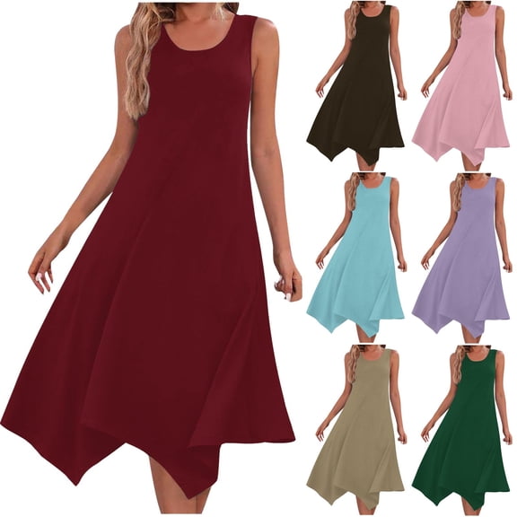 TAGOLD Womens Sleeveless Round-Neck Dress Solid Color A Line Asymmetrical Maxi Casual Summer Wear