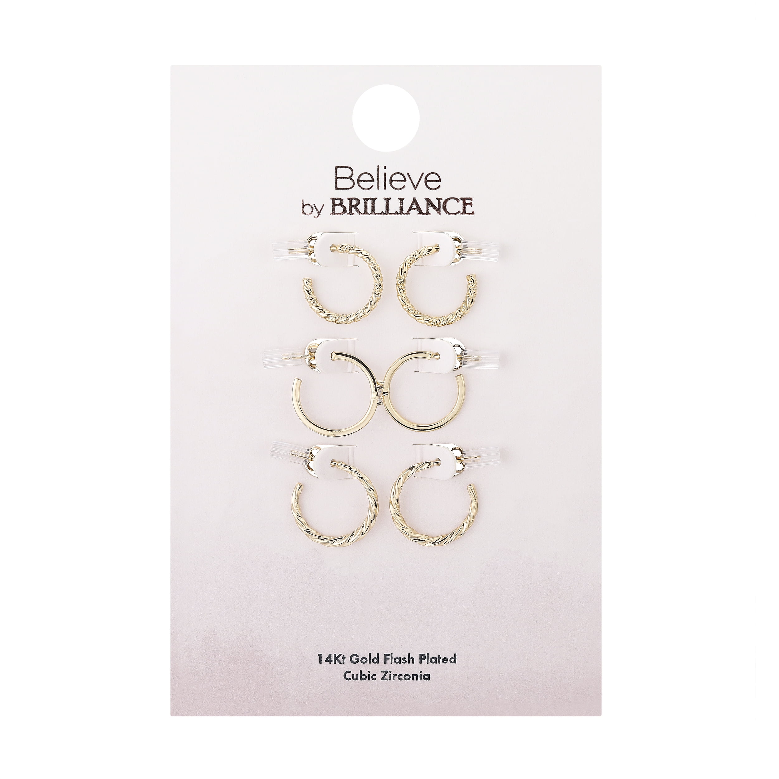 Believe by Brilliance Women's 14Kt Gold Flash Plated Cubic Zirconia Hoop Earring 3 Piece Set