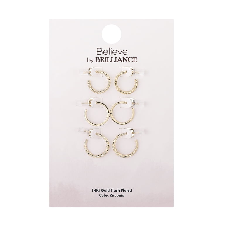 Believe by Brilliance Gold Flash Cubic Zirconia Hoop Earring Set, 3 Pairs photo 2