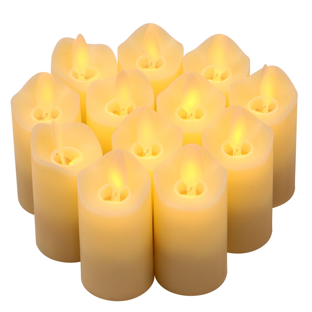Set of 12 Rechargeable LED Pillar Candles - Flameless, Warm Yellow, Flickering Electric Candle Lights for Christmas, Weddings, and Parties
