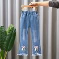 thumbnail image 5 of Little Girls Pearl Bow Embroidered Jeans Wide Leg Flare Denim Pants With Elastic Waist for Kids Size 5-6T, 5 of 7