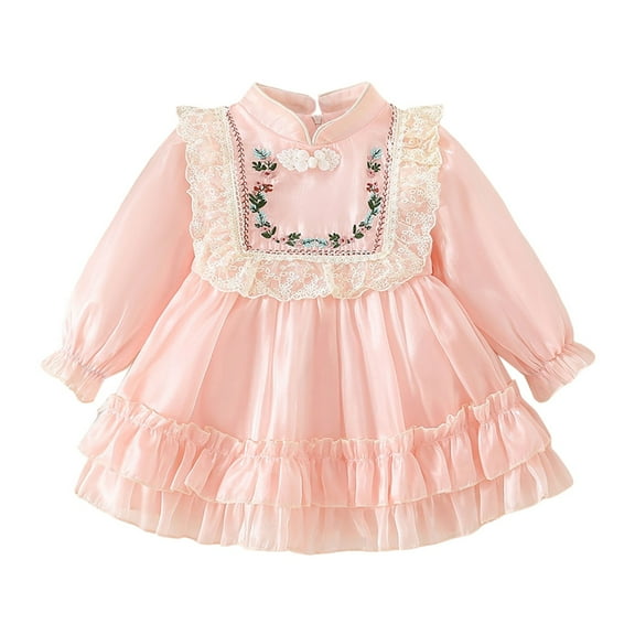 Sngxgn Girls Long Sleeve Stretchy Dress A line Twirly Skater School Party Dress(Pink,6)