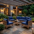 thumbnail image 2 of MOLIBYME 7 Pcs Outdoor Patio Furniture Set, Modular Outdoor Sectional Wicker Conversation Set, Rattan Sofa Set with Glass Table and Washable Cushion Covers, Blue Cushion, 2 of 8