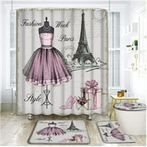 4 Piece Girly Dresses Shower Curtain Sets with Rugs, Toilet Lid Cover , Vintage Paris Eiffel Pink Floral Girls Women Fashion Makeup Perfume Bottles High Heels Bathroom Shower Curtain with 12 Hooks