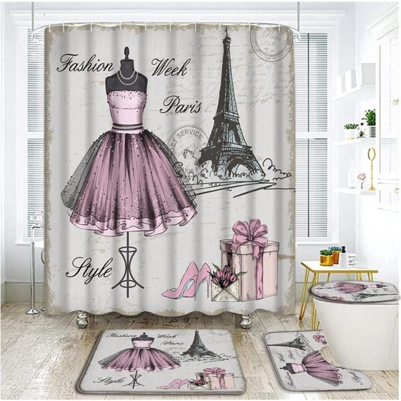 4 Piece Girly Dresses Shower Curtain Sets with Rugs, Toilet Lid Cover , Vintage Paris Eiffel Pink Floral Girls Women Fashion Makeup Perfume Bottles High Heels Bathroom Shower Curtain with 12 Hooks