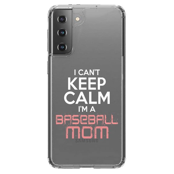 DistinctInk Clear Shockproof Hybrid Case for Galaxy S21 5G (6.2" Screen) - TPU Bumper Acrylic Back Tempered Glass Screen Protector - Can't Keep Calm I'm a Baseball mom