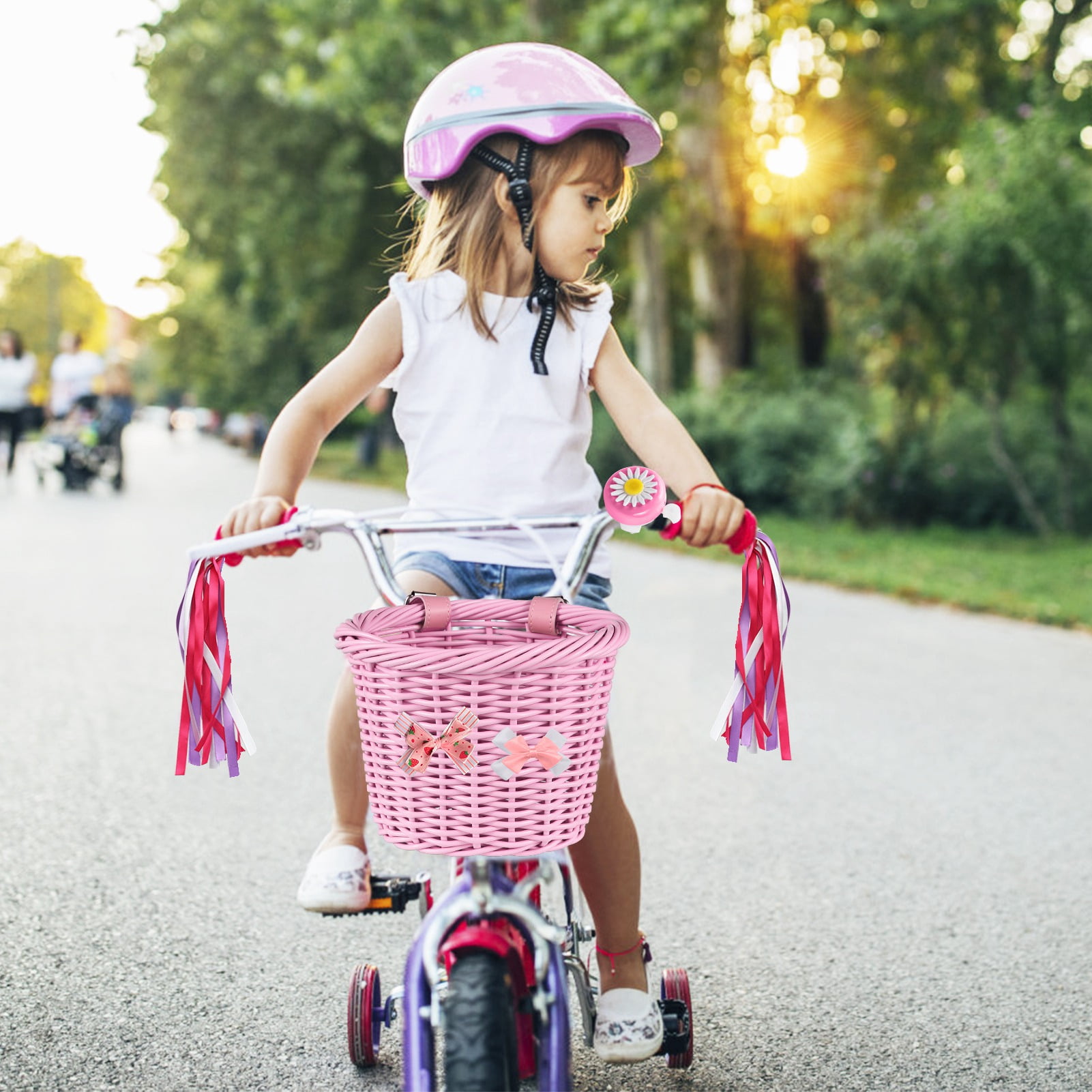 Sorven kids bike basket Bike Kid's Bike Basket for Girls Front Bike Accessories with Handlebar Streamers Cycle Ages 3-13 DIY Bike Decoration Accessories Kit Scooter Basket