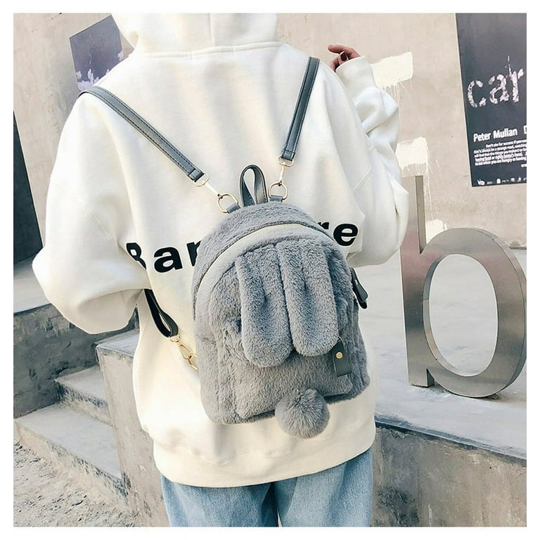 Cute Faux Fur Mini Backpack Rabbit Ear Women Travel Shoulder Bag Fashion Plush Bagpack Rucksack School Bag for Girls