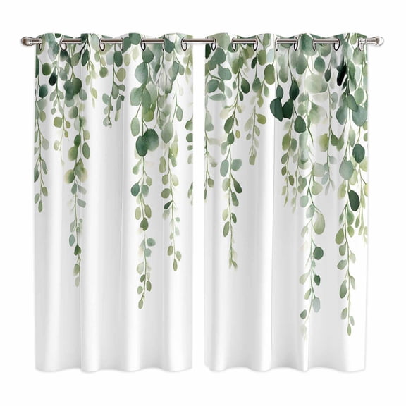 Green Eucalyptus Branches Kitchen Curtains 84 Inch Length, Spring Botanical Leaves Vines Grommet Top Bedroom Living Room Curtains, Light Filtering Cafe Curtain Drapes 2 Panels Set 104''x84''