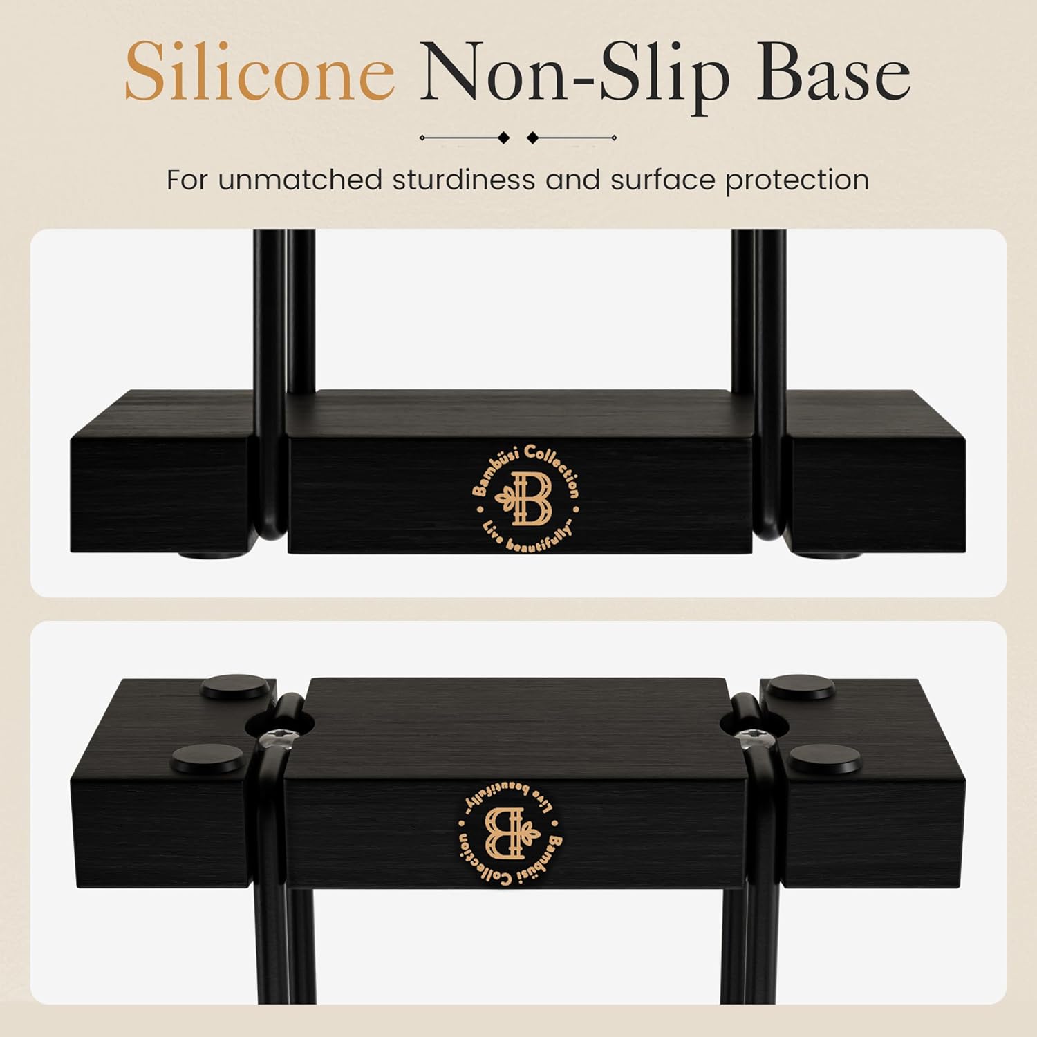 Napkin Holder for Table, Black Metal Frame with Bamboo Base, Non-Slip Bottom, Fits Cocktail or Dinner Paper Napkins