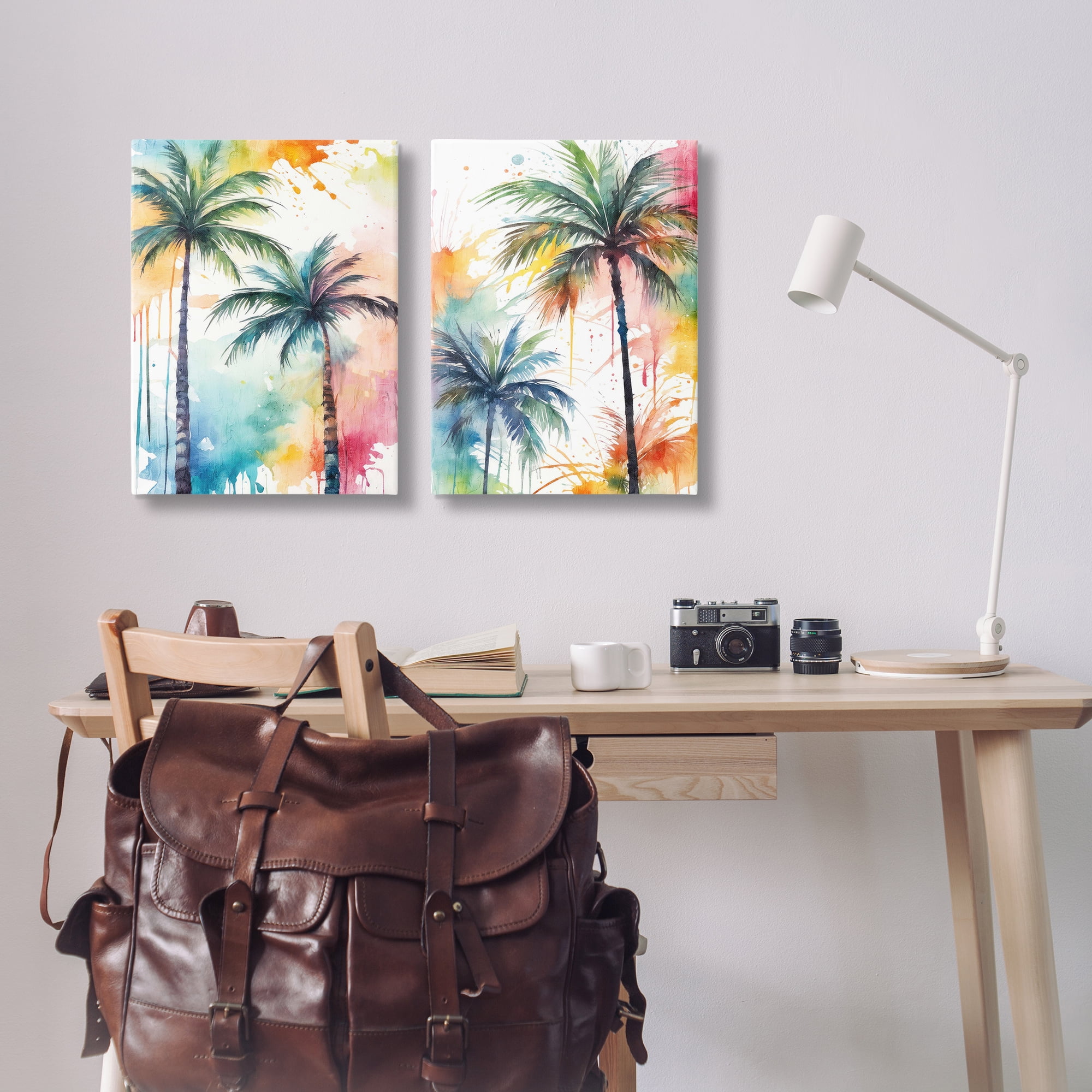 Stupell Industries Watercolor Splash Towering Palms Plants & Flowers Painting Wrapped Canvas Art Print Wall Art, 16 x 24, Set of 2