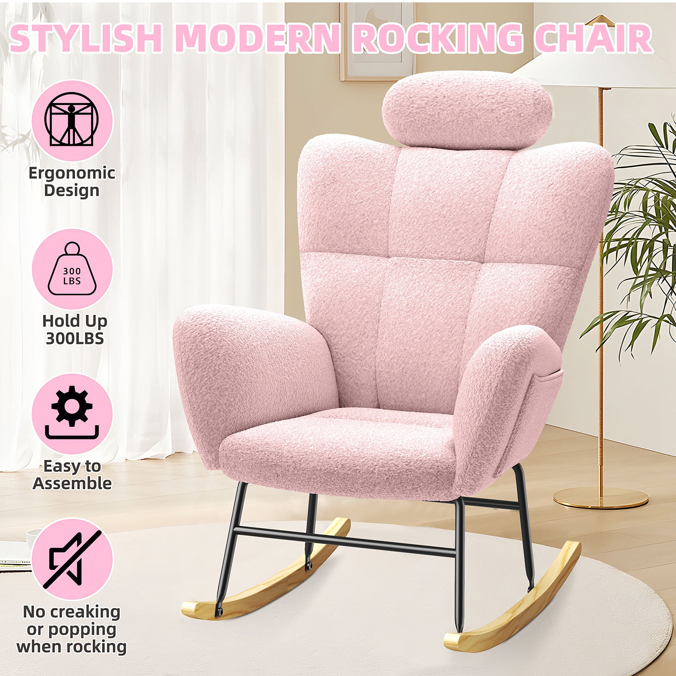 UHOMEPRO Modern Teddy Fabric Rocking Chair, Accent Rocker Chair with High Backrest, Accent Glider Rocker for Living Room Bedroom Playroom, Pink
