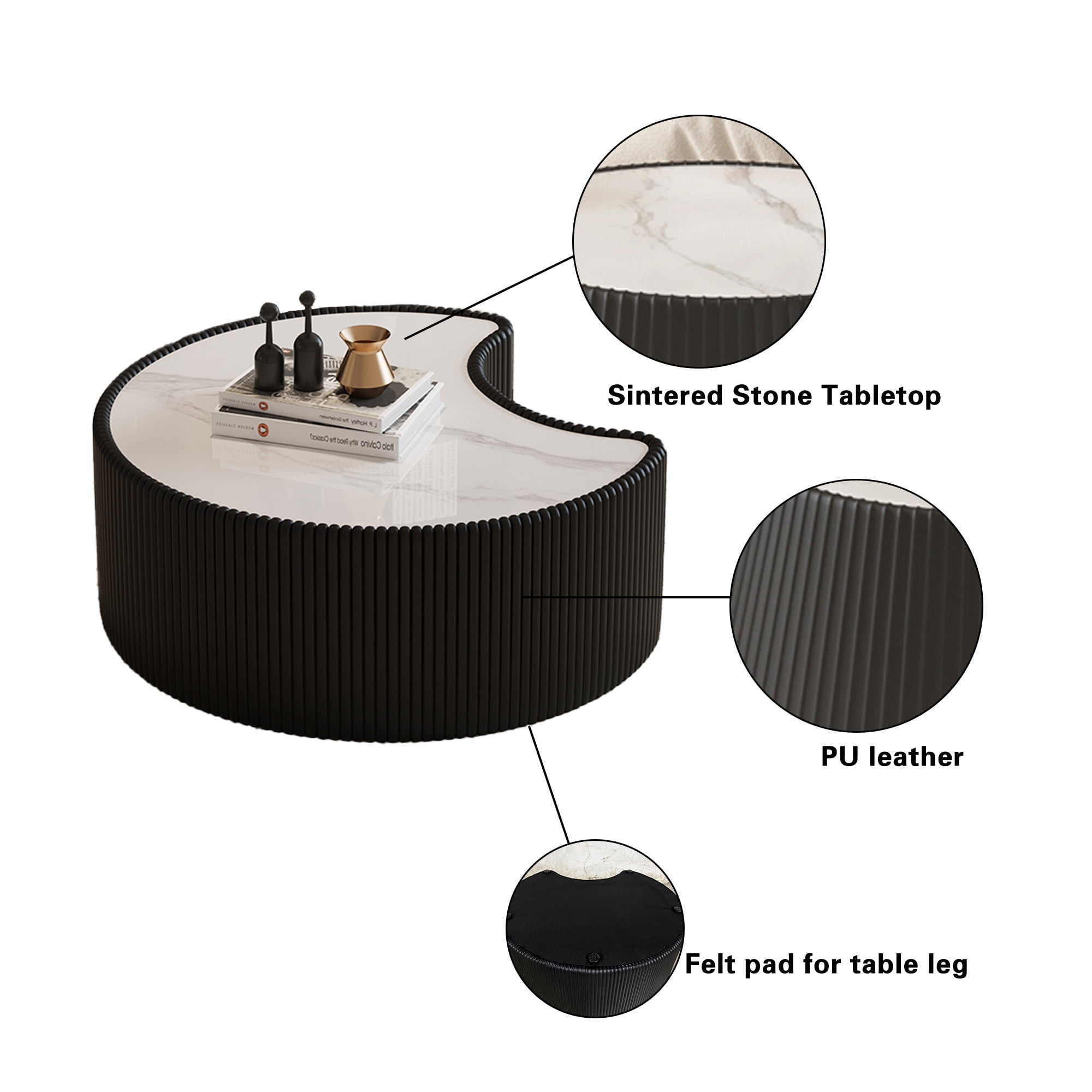 Sintered Stone Coffee Table 29.53 Inch, Irregular Shape Leather Top for Living Room Office, Black