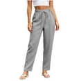 thumbnail image 2 of Ayolanni Women's Pants Comfy Solid Cotton Linen Straight Leg Pants Flowy Gray Drawstring Elastic Waist Petite Trousers with Pockets L, 2 of 5