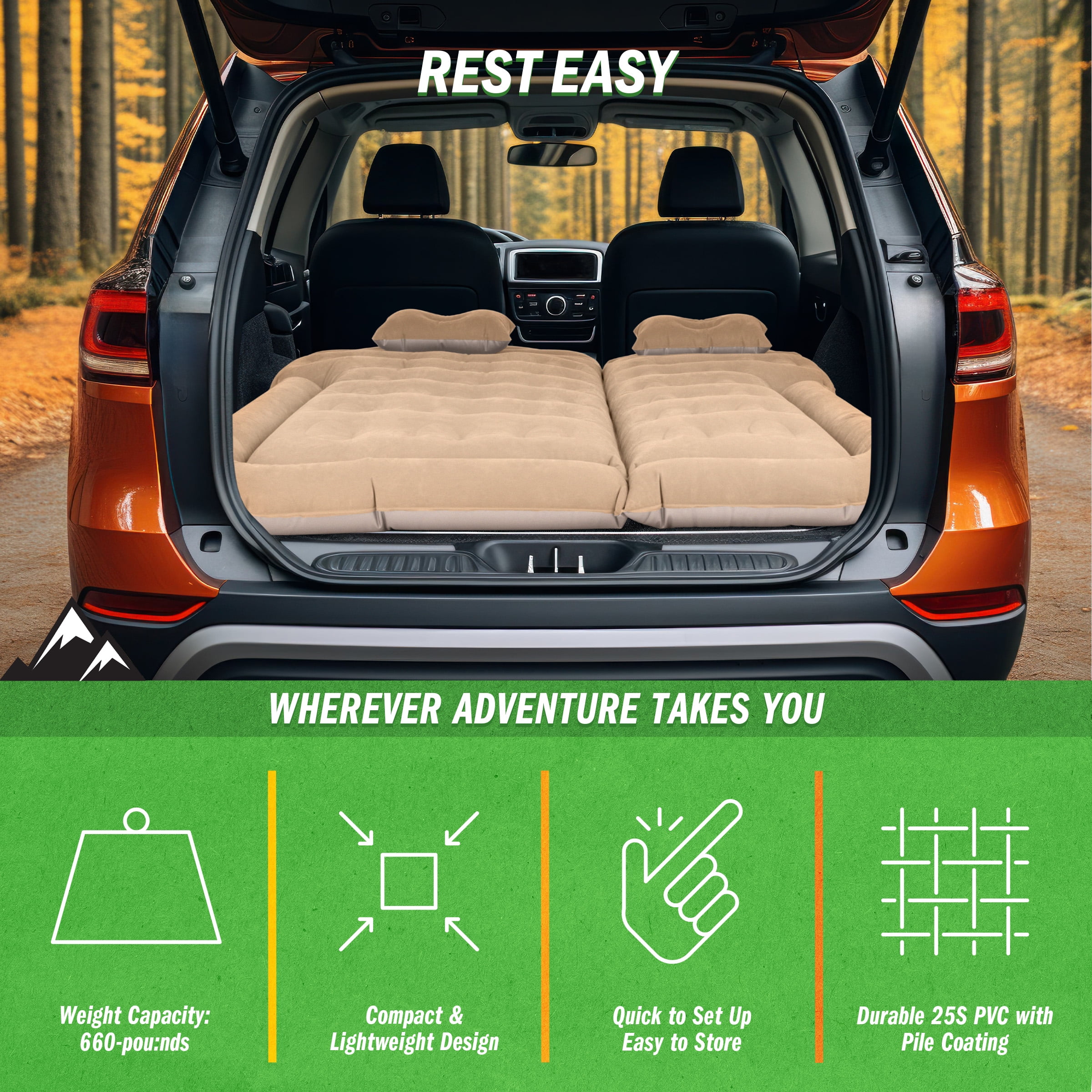 Wakeman Outdoors Inflatable Mattress - Car Air Mattress for SUV or Tent with Aux Outlet Pump, 2 Inflatable Pillows, Car Camping Gear, Beige