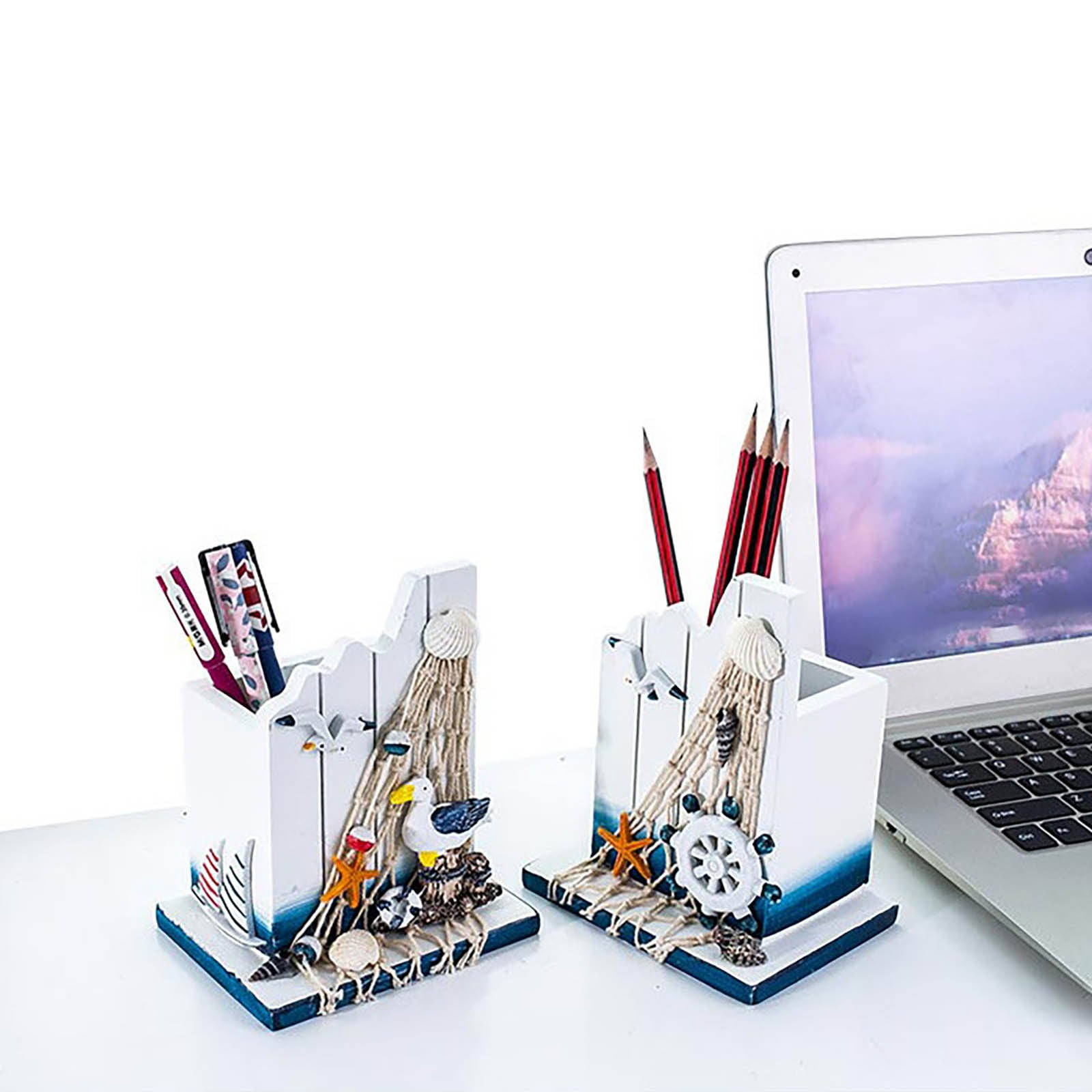 Yannianjz Vintage Pen Container, Wooden Desk Storage Box for Office Study, Seastyle Decorative Pen Holder, Home Office Organizer for Pens Pencils, Nautical Style Desk Accessory
