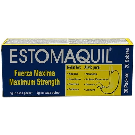 "ESTOMAQUIL Estomaquil Maximum Strength Powder to Help You Relief Nausea Heartburn, Diarrhea, Fullness, Abdominal Bloating, Stomach Inflammation, White, 20 Count Inside, Box"