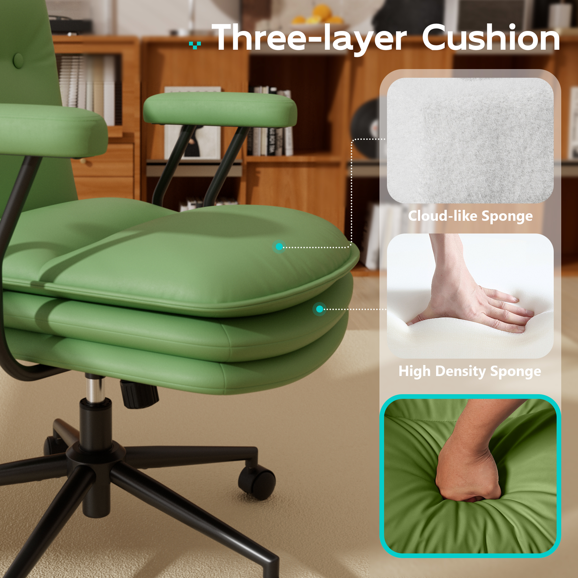 iooHug Ergonomic Green Office Chair, PU Leather Desk Chair with Thick Cushioned Seat, Mid Back Swivel Office Chair for Home Office & Study, Adjustable Height, 300 LBS