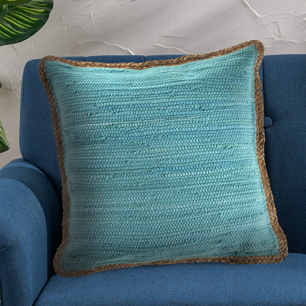 LR Home Natural Jute Bordered Woven Blue Turquoise 20 in. x 20 in