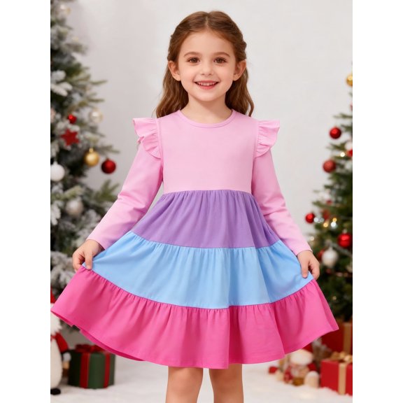 HILEELANG Little Girl Long Sleeve Dress Ruffle Solid Color Cotton Casual Tiered Pleated Twirly Dress 6Years