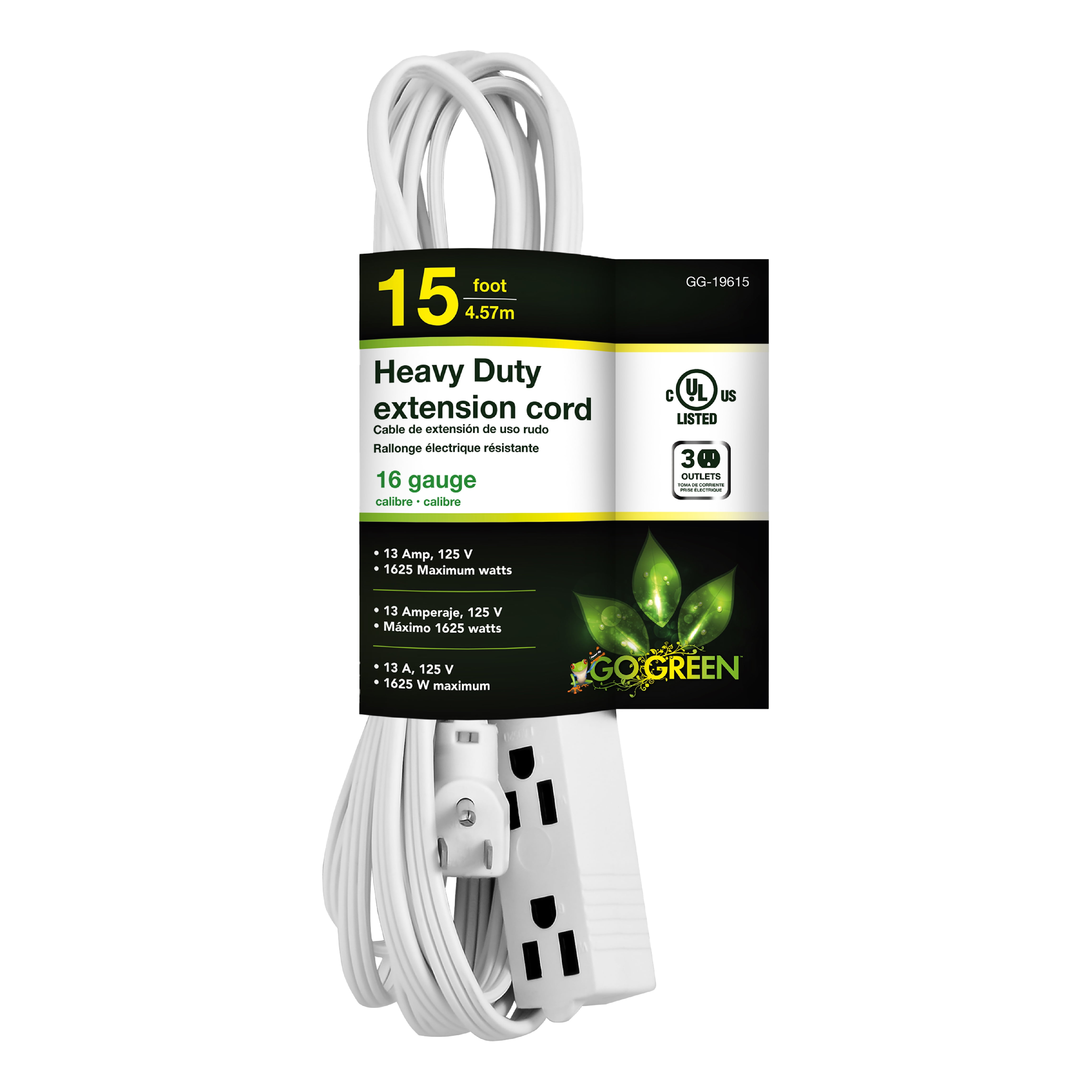 GoGreen Power GG-19615 16/3 15' 3-Outlet Extension Cord White 15 ft 