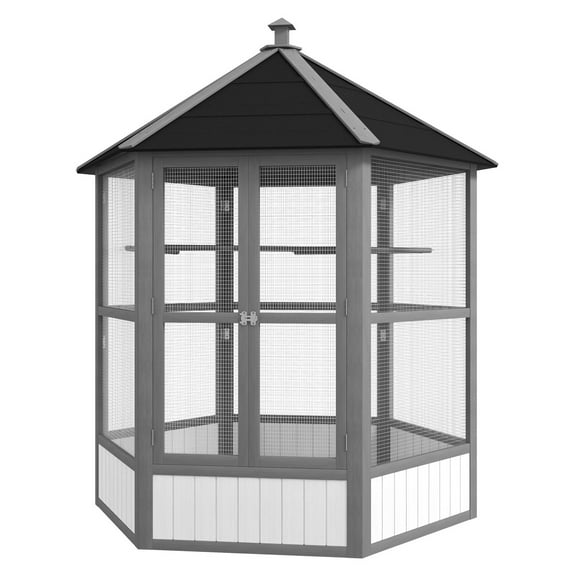 SAZYY 69" Outdoor Wooden Hexagonal Aviary, Flight Cage with Covered Roof | Weather-Resistant for Garden, Patio, Light Gray