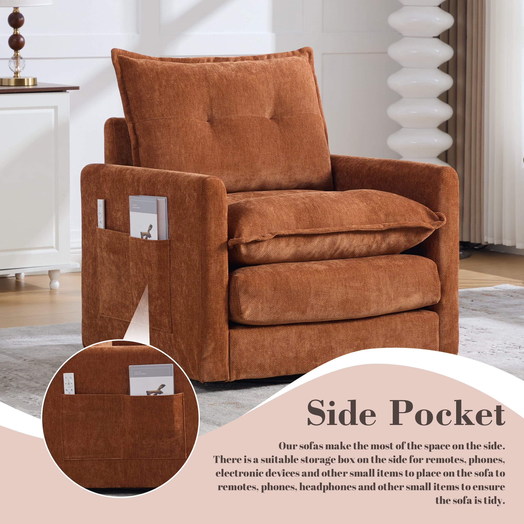 Leumius Swivel Accent Chair,Mid Century Modern Chenille Armchair with Thick Padded and Metal Base,Swivel Single Sofa Chair Barrel Reading Chair for Living Room Bedroom,Brown