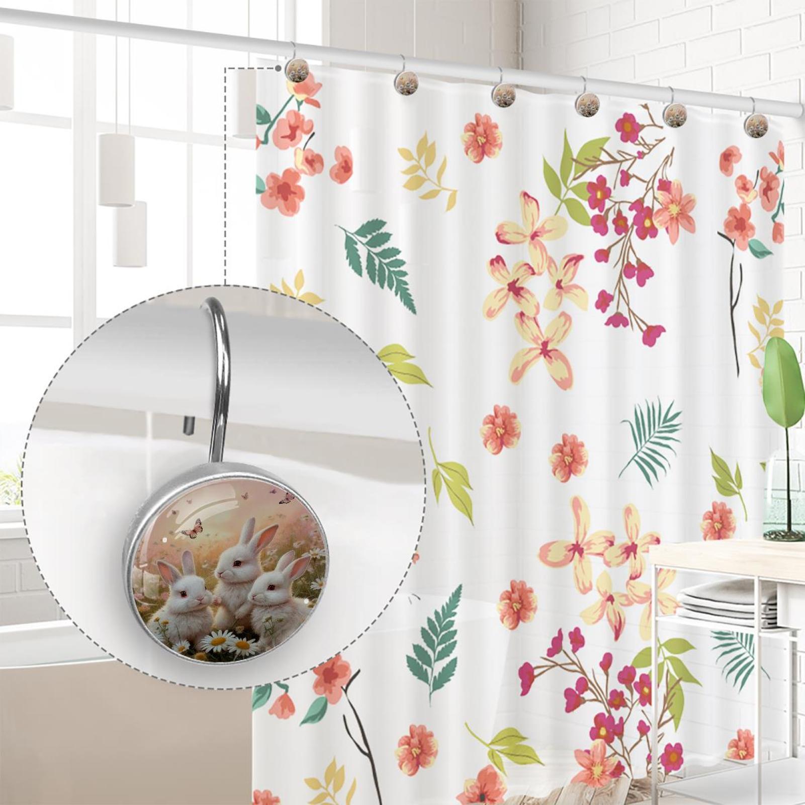 Imobaby 12 Pcs Metal Shower Curtain Hooks Rust Proof for Shower Curtain Liner - Little Rabbit Basking in the Sun