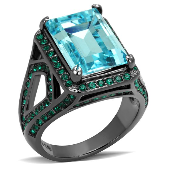 Luxe Jewelry Designs Light Black Ion Plated Stainless Steel Women's Ring with Sea Blue Crystals,