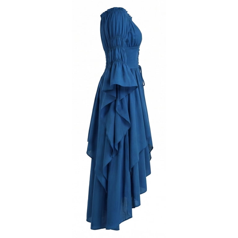 halloween costumes bridesmaid dresses Virmaxy Costume for Women Ruched Corset Waist A Line Maxi Dress Off Shoulder Layered High Low Hem Bell Sleeve Gothic Halloween Party Costume Blue womens dress