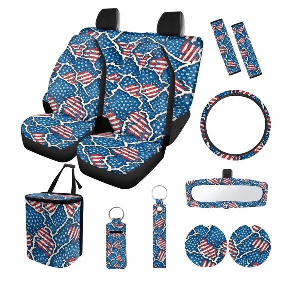 LedBack American Flag Print Car Seat Cover Full Set, Including Car Front Rear Seat Covers Steering Wheel Cover Safety Belt Pads Garbage Bag, etc 13Pcs Auto Interior Decor for SUV Truck Van