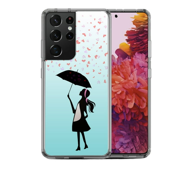 Shockproof Hybrid Bumper Phone Case for Samsung Galaxy S21 Ultra, by OneToughShield ® - Rain/Hearts