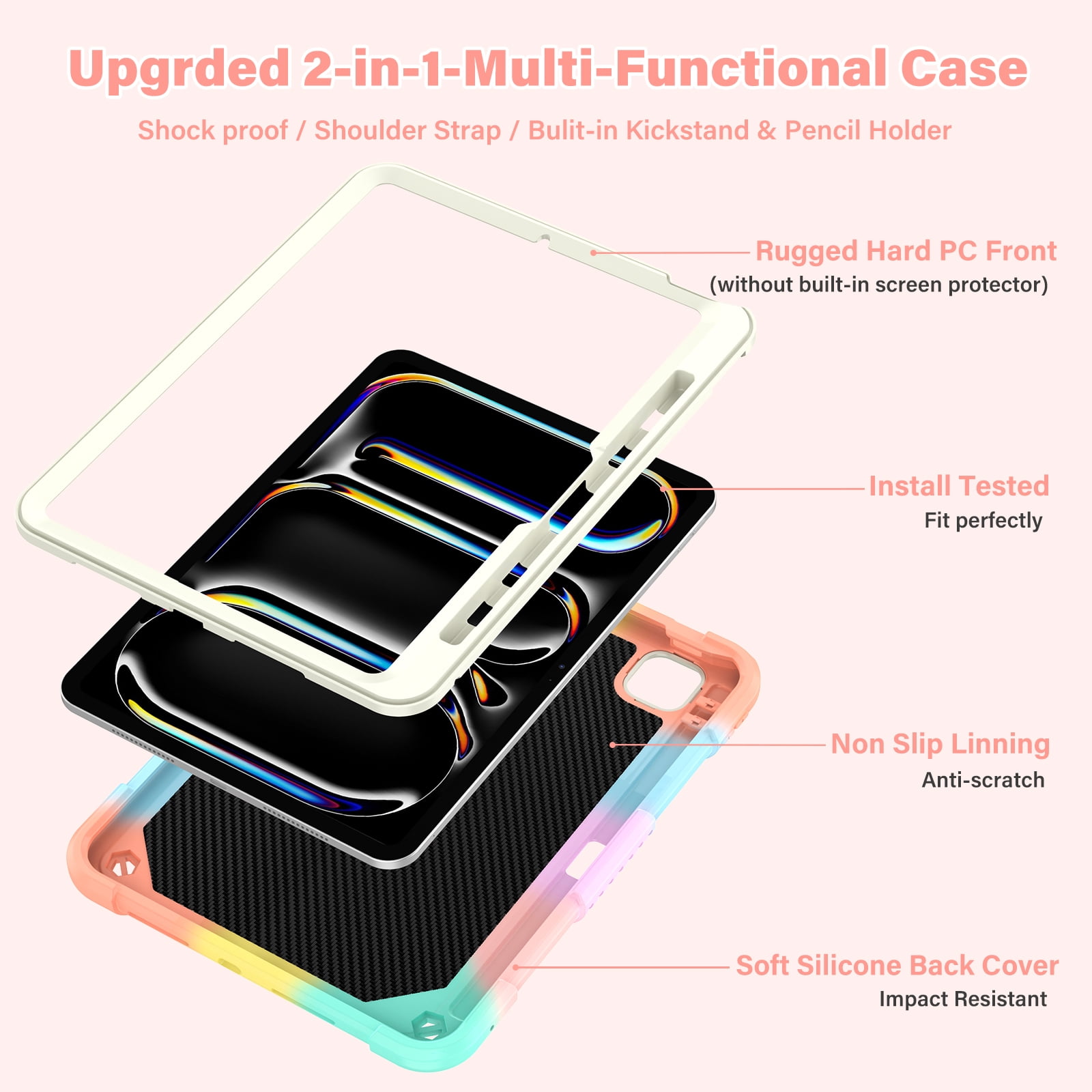 Allytechgroup iPad Pro 11 M4 2024 Case, Cute Butterfly Design Heavy Duty Shockproof Shoulder Strap Pencil Holder Kickstand Bumper Kids Friendly Rugged Case for Apple iPad Pro 11" 2024,Colorful