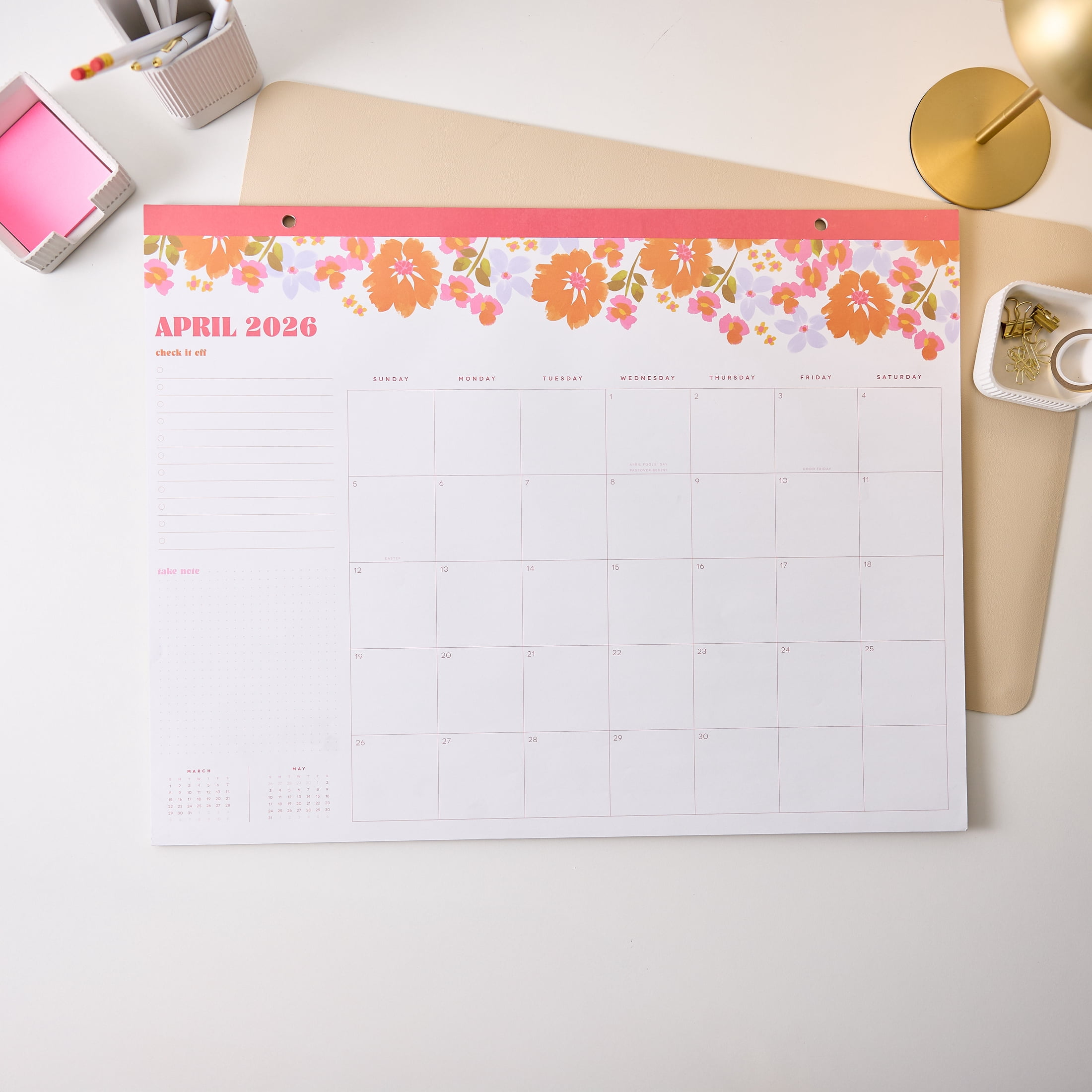 Organized by Happy Planner Monthly Weekly Desk Calendar (22" x 17") Sunshine Blooms 15-Month April 2026-June 2027, Large size