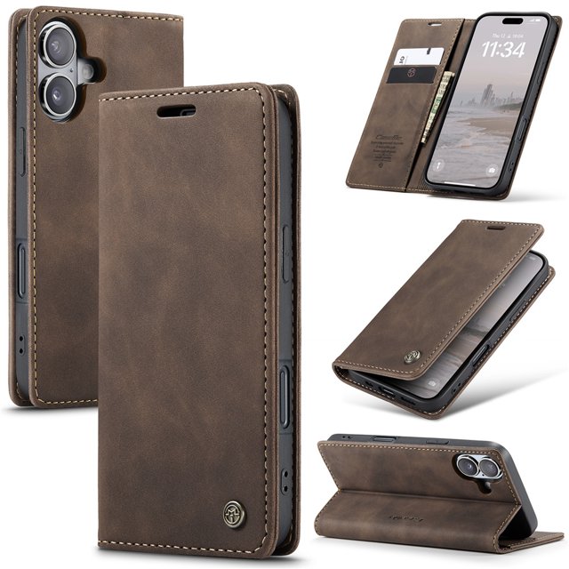 CaseMe Leather for iPhone 17 Case, Flip Wallet Leather Case with Card Holder Magnetic Closure Shockproof Kickstand Protective Phone Cases Cover for iPhone 17,Coffee,For iPhone 17