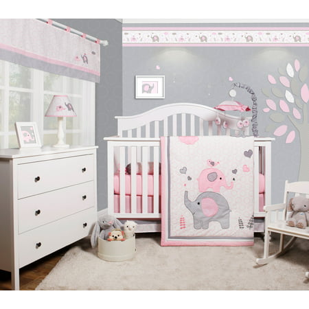 OptimaBaby Pink Grey Elephant 6 Piece Baby Girl Nursery Crib Bedding