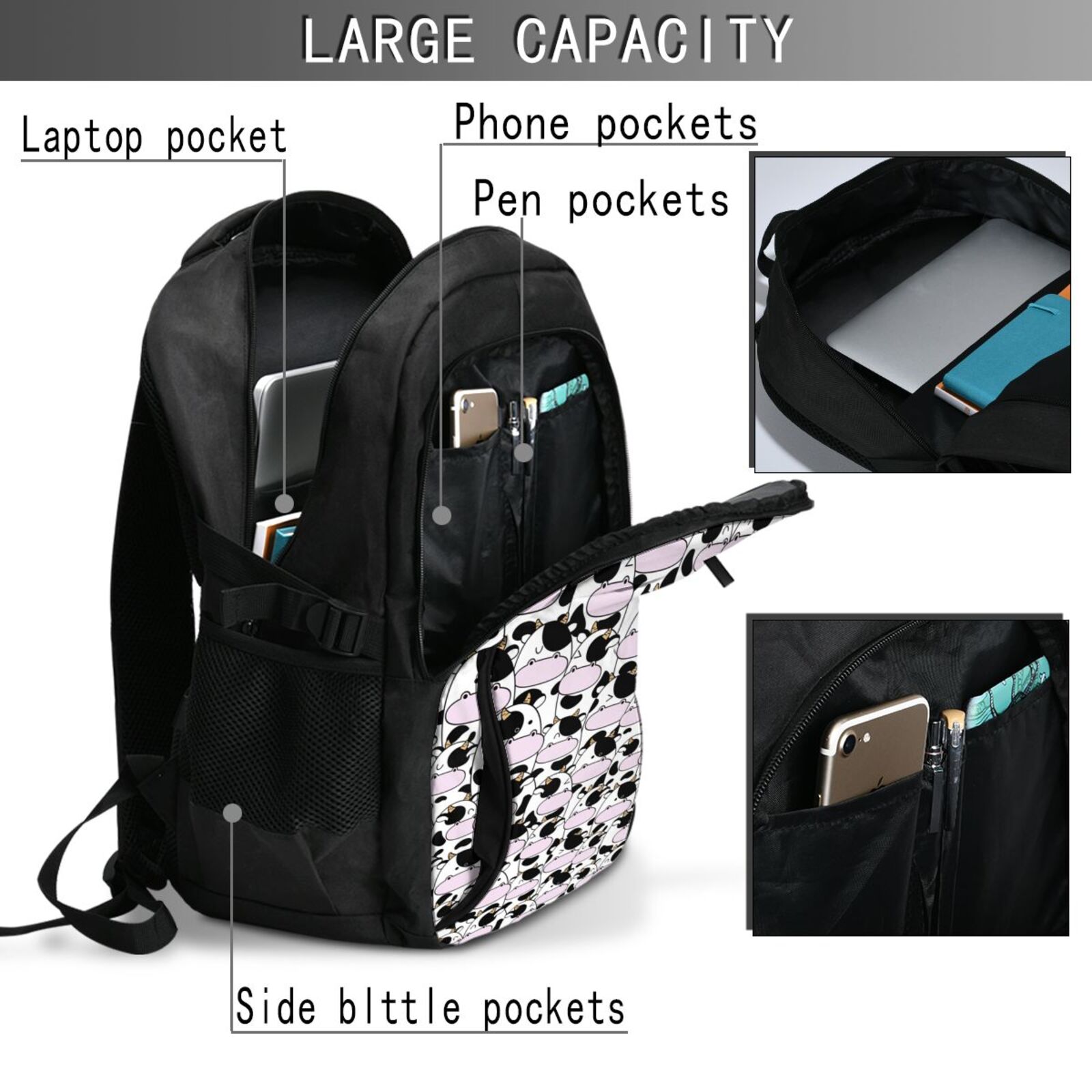 Vsdgher Cute Animal with Cow Print Travel Laptop Backpack, Laptops Backpack with USB Charging Port, Water Resistant Computer Bag Gift for Men & Women